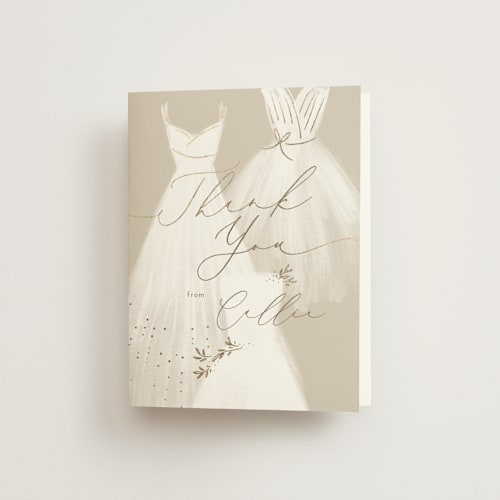 This is a champagne wedding thank you cards with foil pressed by Rebecca Durflinger called dressed up printing on strathmore in standard