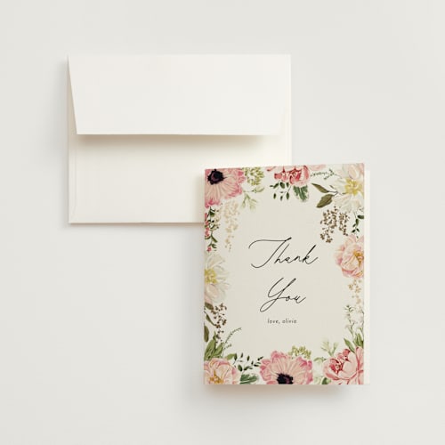 This is a peony wedding thank you cards with foil pressed by Susan Moyal called timeless blooms printing on strathmore in standard