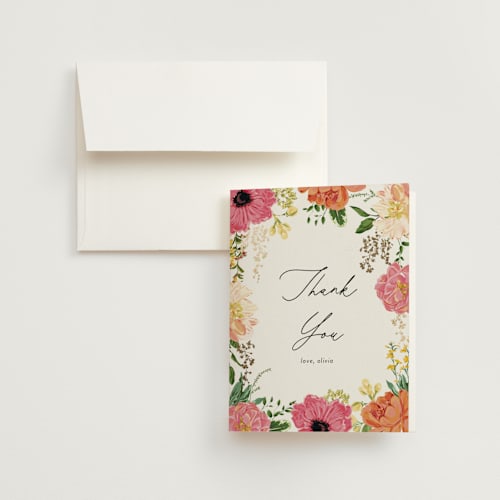 This is a tropical wedding thank you cards with foil pressed by Susan Moyal called timeless blooms printing on strathmore in standard