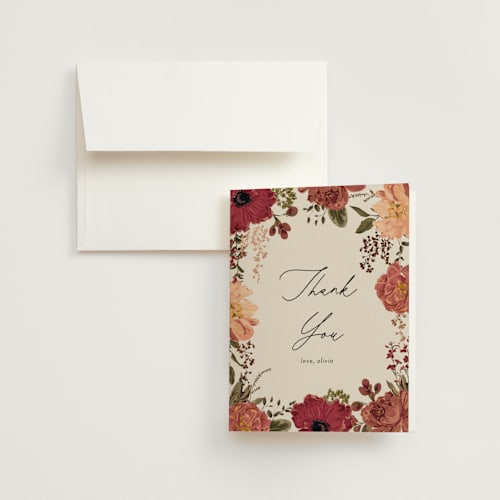 This is a harvest wedding thank you cards with foil pressed by Susan Moyal called timeless blooms printing on strathmore in standard