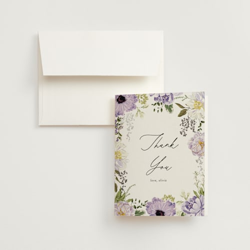 This is a wisteria wedding thank you cards with foil pressed by Susan Moyal called timeless blooms printing on strathmore in standard