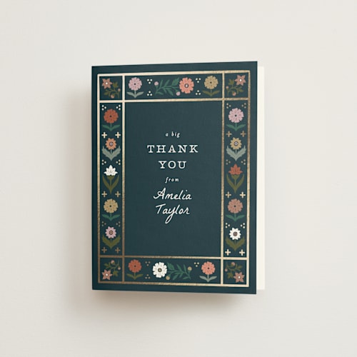 This is a cobalt wedding thank you cards with foil pressed by Alethea and Ruth called floral grid border printing on strathmore in standard