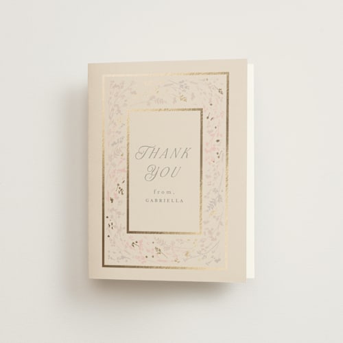 This is a ivory wedding thank you cards with foil pressed by Angela Thompson called floral wisp printing on strathmore in standard