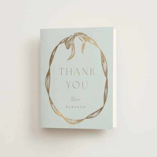 This is a bluebell wedding thank you cards with foil pressed by Leah Bisch called ribbon wreath printing on strathmore in standard