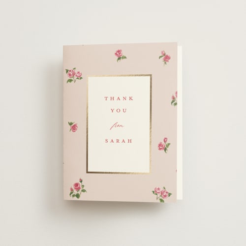 This is a blush wedding thank you cards with foil pressed by Teju Reval called romantic roses printing on strathmore in standard