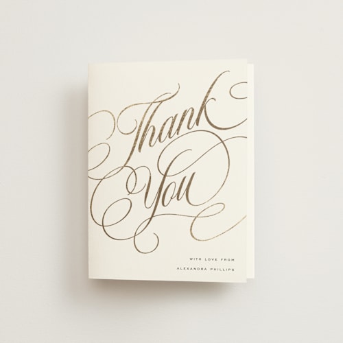 This is a snow wedding thank you cards with foil pressed by Stacy Maalouf called bridal shower script printing on strathmore in standard
