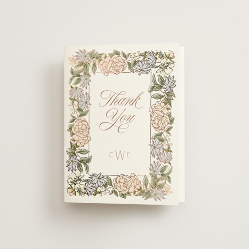 This is a neopolitan wedding thank you cards with foil pressed by Leah Bisch called oval wreath printing on strathmore in standard