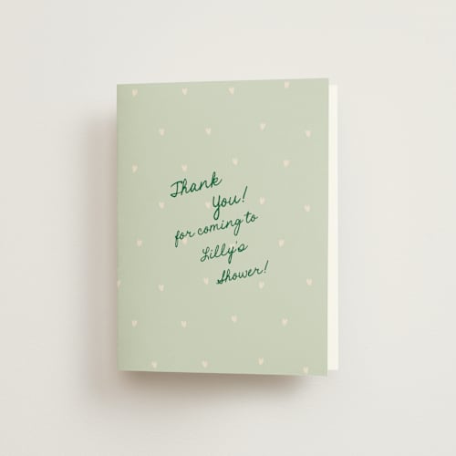 This is a mint bridal shower thank you cards with standard by Ani Somi called charming in stripes printing on strathmore in standard