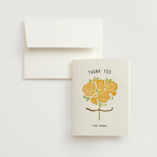 This is a yellow bridal shower thank you cards with standard by Betty Hatchett called raining peonies printing on strathmore in standard