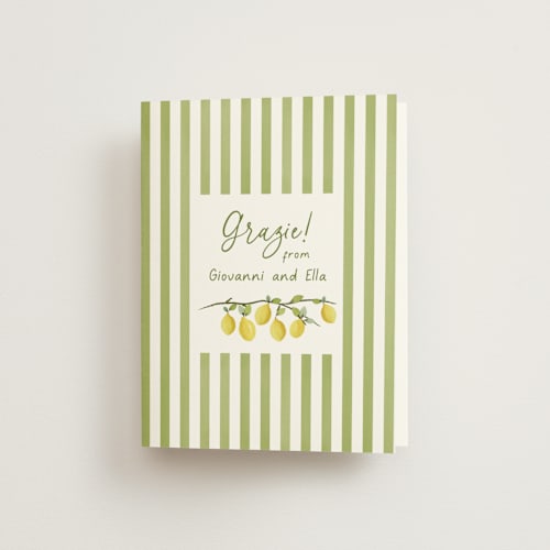 This is a olive bridal shower thank you cards with standard by Tina Faselli called limoncello printing on strathmore in standard