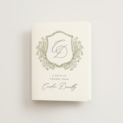 This is a olive bridal shower thank you cards with standard by Erin Deegan called traditional monogram printing on strathmore in standard