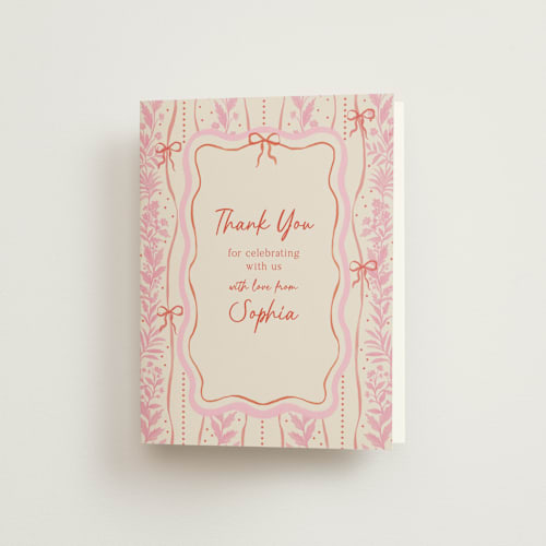 This is a strawberry bridal shower thank you cards with standard by Elly called cottage ribbons printing on strathmore in standard