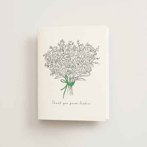 This is a lawn bridal shower thank you cards with standard by mo kelley called tied bouquet printing on strathmore in standard