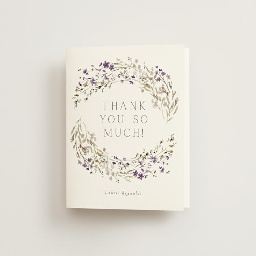 This is a violet bridal shower thank you cards with standard by Petra Kern called in the full bloom printing on strathmore in standard