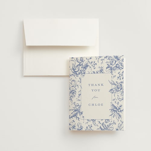 This is a blueberry bridal shower thank you cards with standard by Teju Reval called dreamy toile printing on strathmore in standard