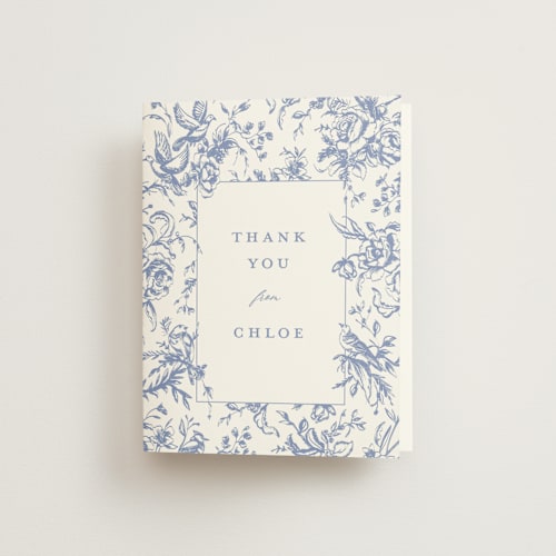 This is a blueberry bridal shower thank you cards with standard by Teju Reval called dreamy toile printing on strathmore in standard