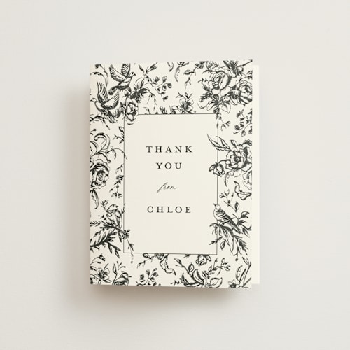 This is a onyx bridal shower thank you cards with standard by Teju Reval called dreamy toile printing on strathmore in standard