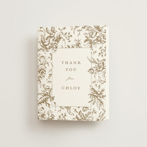 This is a champagne bridal shower thank you cards with standard by Teju Reval called dreamy toile printing on strathmore in standard