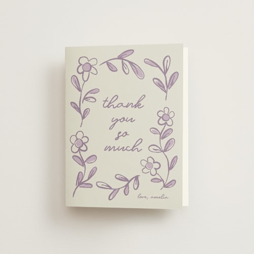 This is a lavender bridal shower thank you cards with standard by Kelly Watkins called blooming printing on strathmore in standard