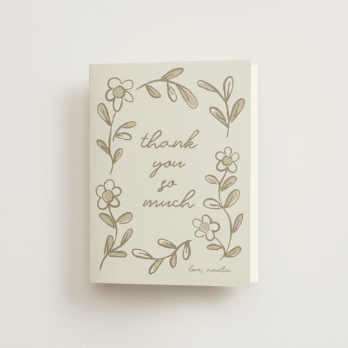 This is a latte bridal shower thank you cards with standard by Kelly Watkins called blooming printing on strathmore in standard