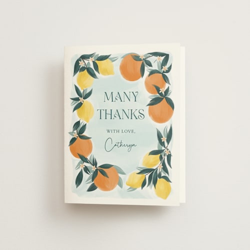 This is a mint bridal shower thank you cards with standard by Paper Sun Studio called main squeeze printing on strathmore in standard