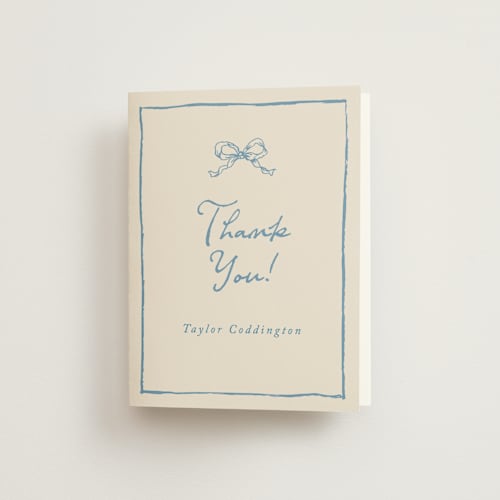 This is a dusty blue bridal shower thank you cards with standard by Cass Loh called ribbon bow drawing printing on strathmore in standard