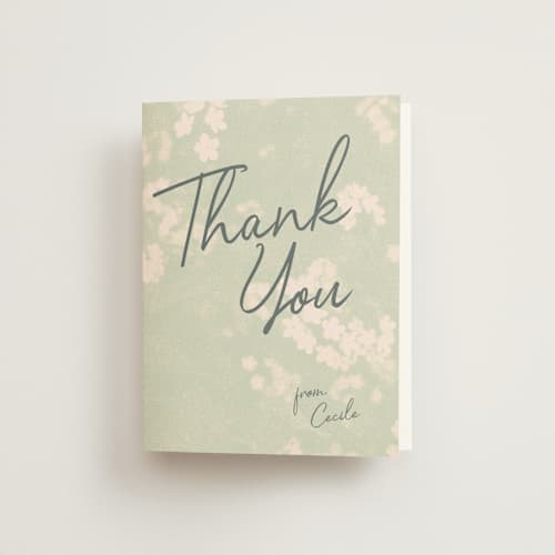 This is a celadon bridal shower thank you cards with standard by Morgan Kendall called vintage florals printing on strathmore in standard