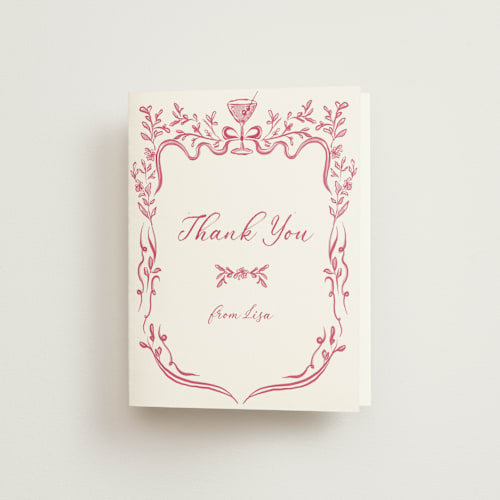 This is a cranberry bridal shower thank you cards with standard by Lucrecia Caporale called fun cocktails printing on strathmore in standard