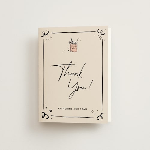 This is a creme bridal shower thank you cards with standard by Anastasia Makarova called cheers to a happy couple printing on strathmore in standard