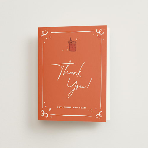 This is a sunset bridal shower thank you cards with standard by Anastasia Makarova called cheers to a happy couple printing on strathmore in standard
