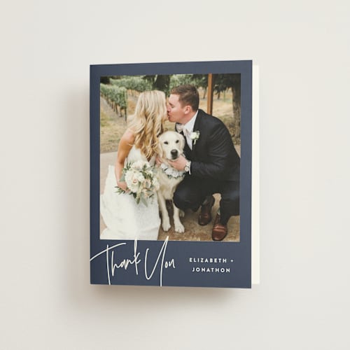 This is a navy bridal shower thank you cards with standard by JoAnn Jinks called marked printing on strathmore in standard