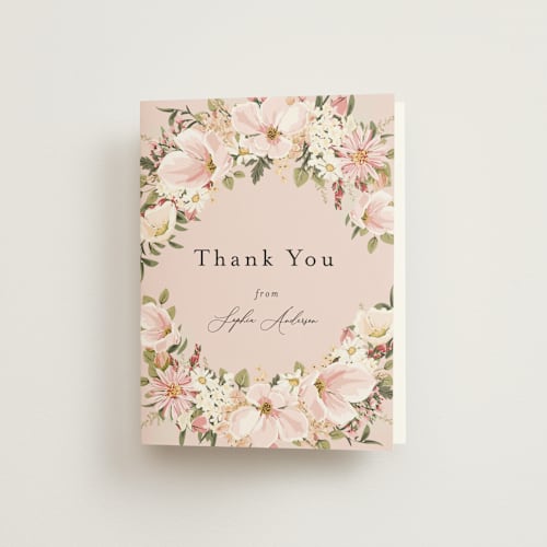 This is a blush bridal shower thank you cards with standard by Susan Moyal called floral arch printing on strathmore in standard