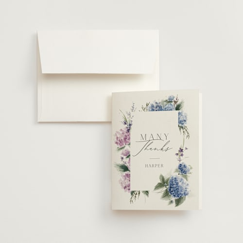 This is a violet bridal shower thank you cards with standard by Kate Ahn called english garden printing on strathmore in standard