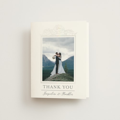 This is a mist wedding thank you cards with gloss press by Amy Ngo called blooming peonies printing on strathmore in standard