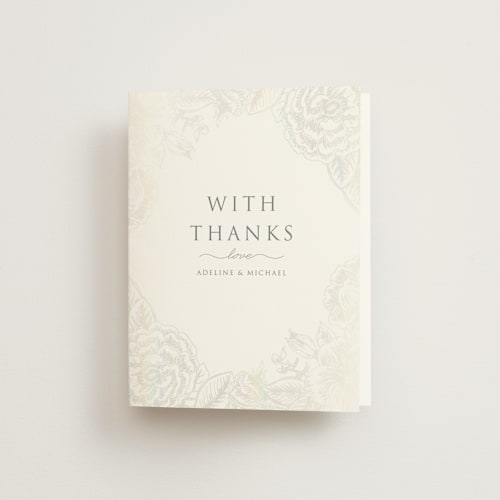 This is a opal wedding thank you cards with foil pressed by Rochelle Renee called au jardin printing on strathmore in standard