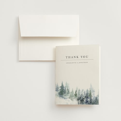 This is a rain wedding thank you cards with standard by Anne Kostecki called painted woods printing on strathmore in standard