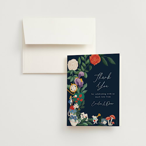 This is a evening wedding thank you cards with standard by Elly called disney's alice in wonderland garden tea party printing on strathmore in standard