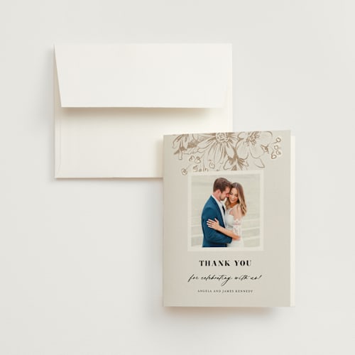 This is a cream wedding thank you cards with standard by Paper Raven Co. called sketched flora printing on strathmore in standard