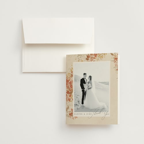 This is a stone wedding thank you cards with standard by Robert and Stella called falling foliage printing on strathmore in standard