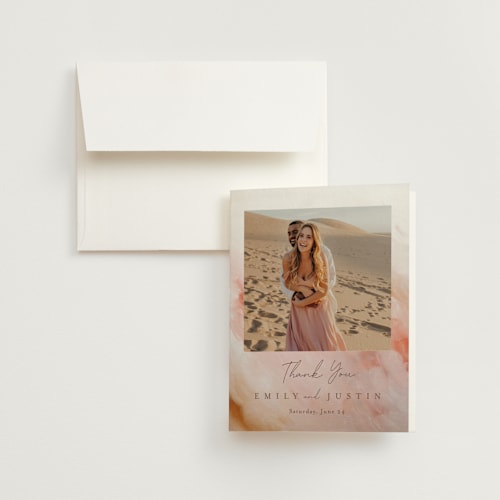This is a blush wedding thank you cards with standard by Lucrecia Caporale called delicate brushstrokes printing on strathmore in standard