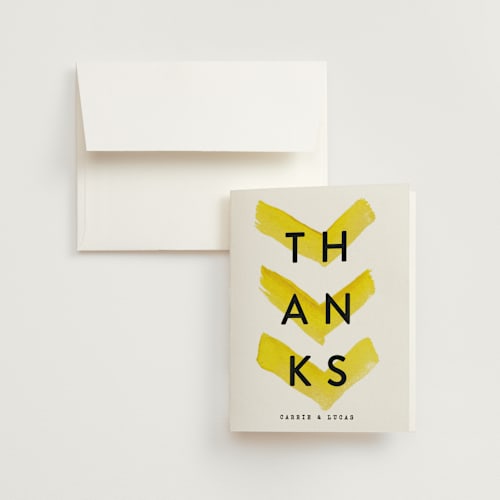 This is a lemon drop wedding thank you cards with standard by Hooray Creative called painted chevrons printing on strathmore in standard