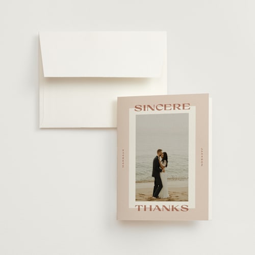 This is a sand wedding thank you cards with standard by Lindsay Stetson Thompson called margaux printing on strathmore in standard