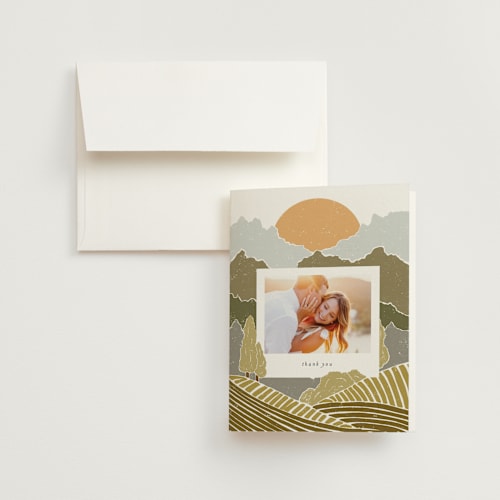 This is a sage wedding thank you cards with standard by Shiny Penny Studio called valley of the moon printing on strathmore in standard