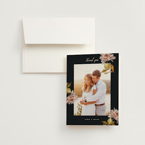 This is a navy wedding thank you cards with standard by Olivia Kanaley Inman called dahlia season printing on strathmore in standard