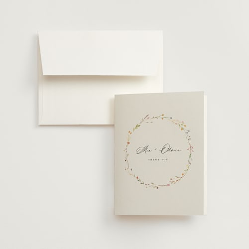 This is a snow wedding thank you cards with standard by Lori Wemple called delicate florals printing on strathmore in standard