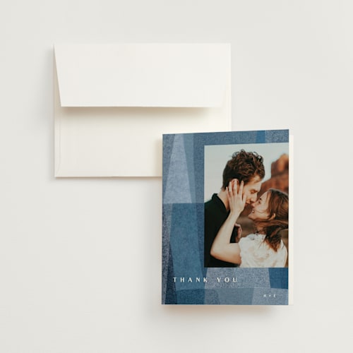 This is a seaside wedding thank you cards with standard by Carrie Moradi called denim patchwork printing on strathmore in standard