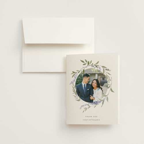 This is a lavender wedding thank you cards with standard by Design Lotus called enchanted evening printing on strathmore in standard