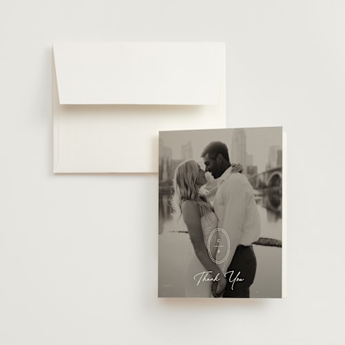This is a sand wedding thank you cards with standard by Carolyn MacLaren called script and monogram printing on strathmore in standard