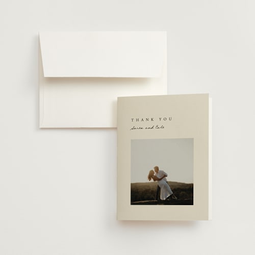 This is a linen wedding thank you cards with standard by Brianne Larsen called simply printing on strathmore in standard