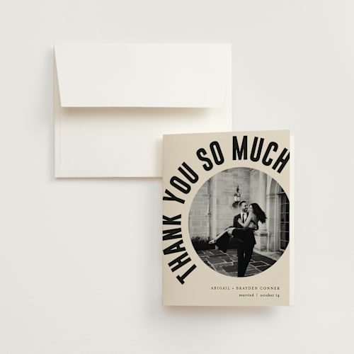 This is a cream wedding thank you cards with standard by Pixel and Hank called spin printing on strathmore in standard